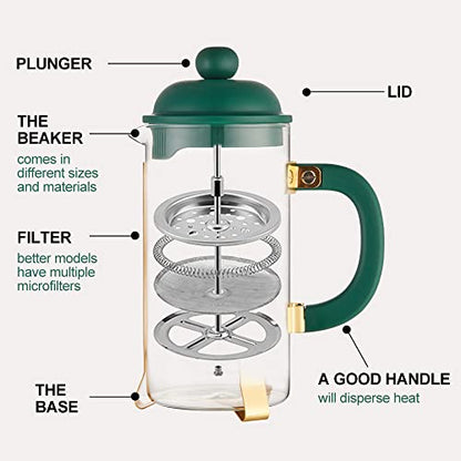  French Press Coffee & Tea Maker, 34 Ounce Coffee Press Coffee Maker, 304 Stainless Steel Heat Resistant High Boron Glass Easy To Clean (Dark Green, 34oz)