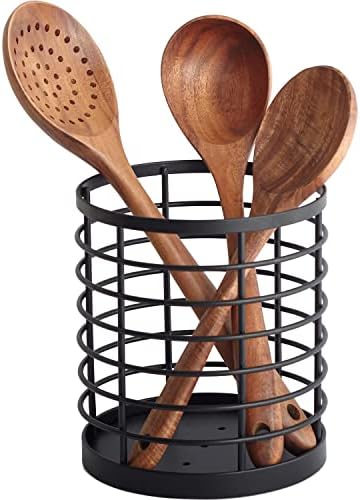  Utensil Holder For Kitchen Counter - 5.2" X 5.2" X 6" Large Round Utensils Holder With Wooden Base Matte Black Cooking Utensil Holder，Kitchen Countertop Utensil Organizer (Metal+Bamboo)