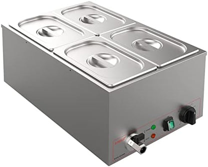  Commercial Stainless Steel 4 Sections Bain Marie Food Warmer 16 Qt Buffet Server With Lid And Tap For Home, Catering, Restaurants