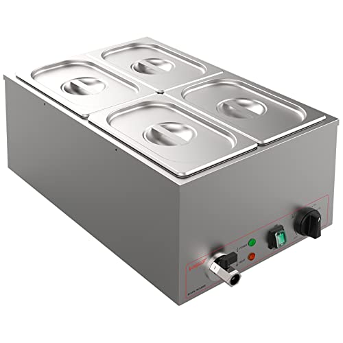  Commercial Stainless Steel 4 Sections Bain Marie Food Warmer 16 Qt Buffet Server With Lid And Tap For Home, Catering, Restaurants