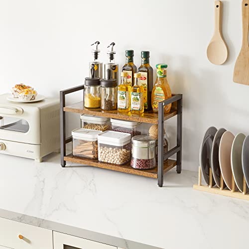  IBUYKE 2-Tier Spice Rack Industrial Counter Shelf Desktop Storage Organizer Standing Seasoning Rack For Countertop Kitchen Office Living Room Desktop Rustic Brown UTLJ002H