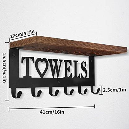  Rustic Towel Rack Towel Holder With Wooden Shelf For Bathroom,Minimalist Design Storage Organizer For Folded Large Towels, Towels, Robes, Clothes- Black