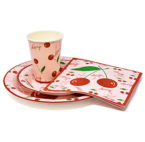 Cherry Fruit Party Supplies Tableware Set Includes 24 9" Paper Plates 24 7" Plate 24 9 Oz Cups 50 Lunch Napkins For Cherries Blossom Summer Tropical Picnics Disposable Baby Shower Birthday Dinnerware