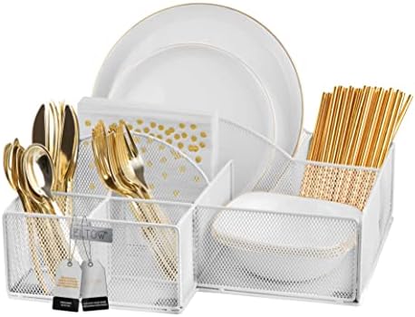  Countertop Silverware Caddy, 8 Compartment Paper Plate And Cutlery Caddy For Plates, Bowls, Forks, Spoons, Knives, Napkins, Perfect Flatware & Utensil Holder For Party, Picnic, Home, RV - Black