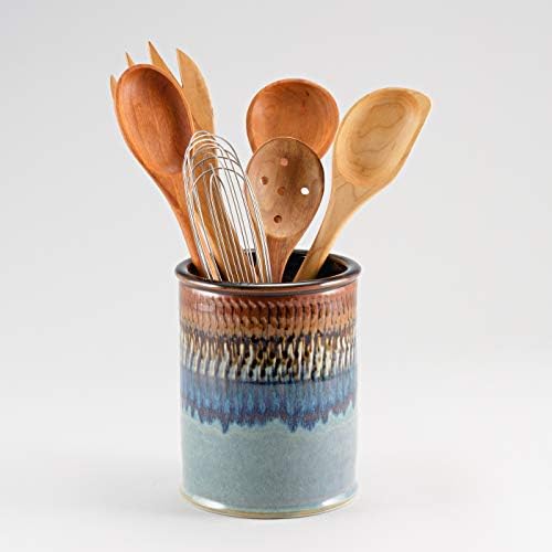  Handmade Kitchen Utensil Holder Hamada And Purple, Made In USA, Ceramic Utensil Crock Organizer