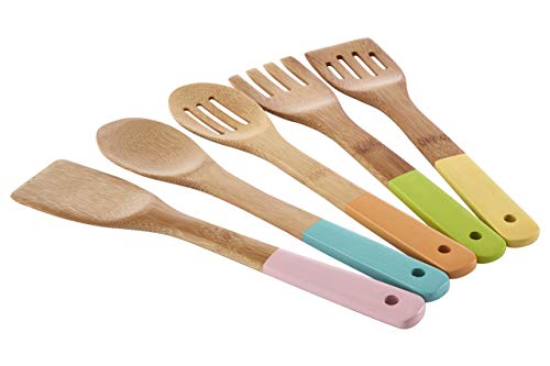 Premier® Housewares Kitchen Utensil Set, Pastel Handles 5 Piece, Bamboo, Multi/Coloured