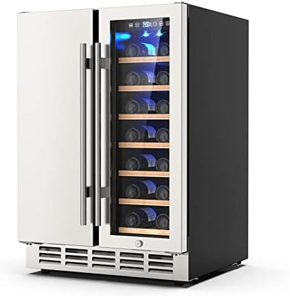  Wine And Beverage Refrigerator, 24 Inch Dual Zone Wine Fridge With Safety Locks, Under Counter Wine Cooler Beer Fridge Built-In Or Freestanding, Holds 20 Bottles And 57 Cans (Glass Door & Foam Door)