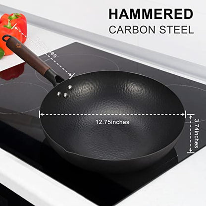  Wok Pan 12.5” Carbon Steel Woks & Stir-Fry Pans Flat Bottom Wok With Lid And Spatula, No Chemical Coated Non-Stick Wok For Electric, Induction And Gas Stoves