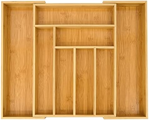 Bamboo Silverware Organizer, Expandable Kitchen Drawer Organizer For Cutlery, Wooden Utensil Holder, Multi-Function Drawer Storage, 5-7 Compartments