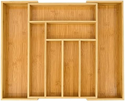  Bamboo Silverware Organizer, Expandable Kitchen Drawer Organizer For Cutlery, Wooden Utensil Holder, Multi-Function Drawer Storage, 5-7 Compartments