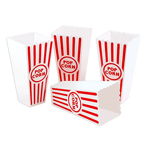  Stic Red White Striped Classic Popcorn Containers For Movie Night - 7.8 Inch Tall X 3.8 Inch Square (4 Pack)