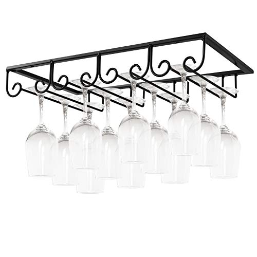  MOCOUM Under Cabinet Wine Glass Rack Stemware Rack, Wine Glasses Hanger Rack Wire Wine Glass Holder Storage Hanger For Cabinet Kitchen Bar (Black, 4 Rows 2 Pack)