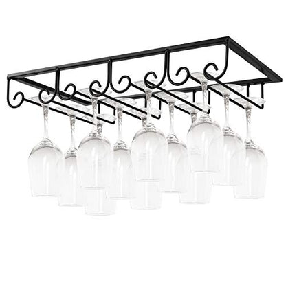  MOCOUM Under Cabinet Wine Glass Rack Stemware Rack, Wine Glasses Hanger Rack Wire Wine Glass Holder Storage Hanger For Cabinet Kitchen Bar (Black, 4 Rows 2 Pack)