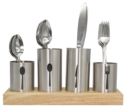  Silverware Holder With Caddy For Spoons, Knives Forks, Etc — Ideal For Kitchen, Dining, Entertaining, Buffet, Picnic, And More — Stainless Steel With Bamboo Wood Base