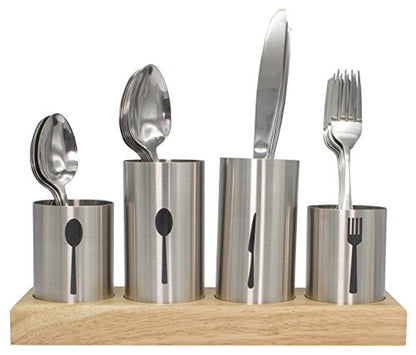  Silverware Holder With Caddy For Spoons, Knives Forks, Etc — Ideal For Kitchen, Dining, Entertaining, Buffet, Picnic, And More — Stainless Steel With Bamboo Wood Base