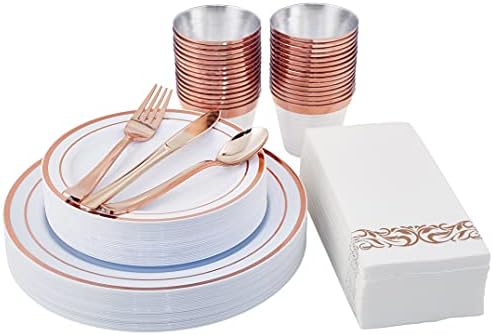  210PCS Gold Dinnerware Set 30 Guest,Gold Party Supplies,60 Gold Rim Plastic Plates-30 Gold Plastic Silverware-30 Plastic Cups-30 Linen Like Paper Napkins For Graduation, Birthday, Cocktail Party-Gold