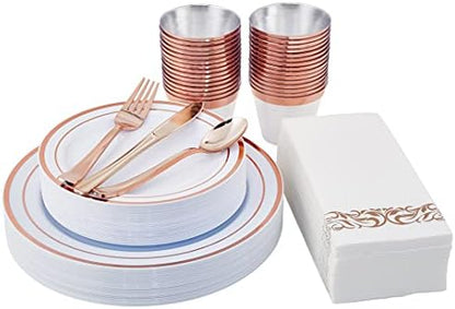  210PCS Gold Dinnerware Set 30 Guest,Gold Party Supplies,60 Gold Rim Plastic Plates-30 Gold Plastic Silverware-30 Plastic Cups-30 Linen Like Paper Napkins For Graduation, Birthday, Cocktail Party-Gold