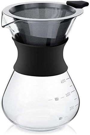  LEZIP Pour Over Coffee Maker Set With Reusable Stainless Steel Drip Filter Elegant Coffee Dripper Pot Glass Carafe & Permanent Stainless Steel Filter