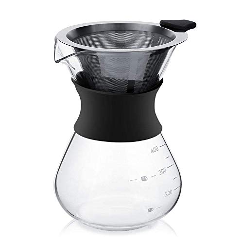  LEZIP Pour Over Coffee Maker Set With Reusable Stainless Steel Drip Filter Elegant Coffee Dripper Pot Glass Carafe & Permanent Stainless Steel Filter