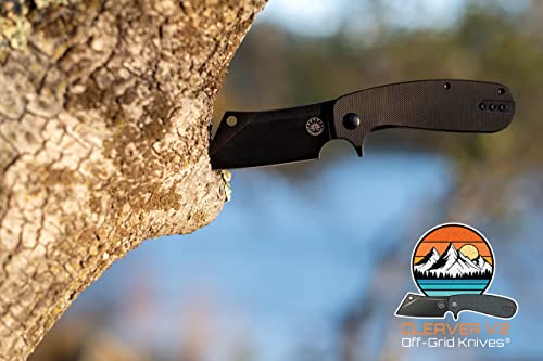  Cleaver V2 Folding Knife, D2 Tumbled Black Cleaver Blade, G10 Scales, Ceramic Ball Bearings, Left & Right Hand Carry