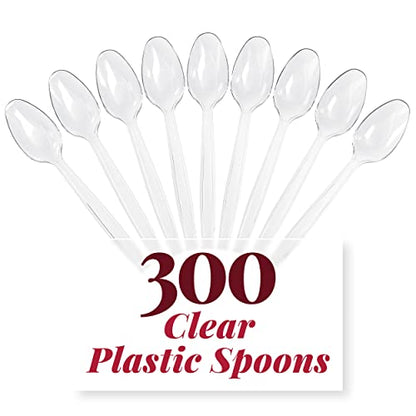  300 Clear Plastic Spoons | Heavy Duty Plastic Silverware Spoons | Fancy Plastic Cutlery | Elegant Disposable Spoons Pack | Bulk Disposable Flatware | Plastic Utensils Set | Nice Disposable Silverware