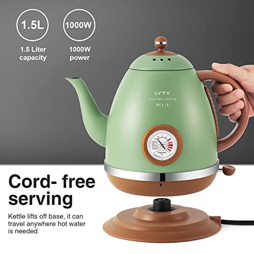  Electric Kettle With Thermometer Stainless Steel 1.5L 1000W Gooseneck Pour Over Coffee Tea Kettle, Hot Water Boiler Heater With Water Temperature Display Quick Heating Boiling Water 110V US Plug Green