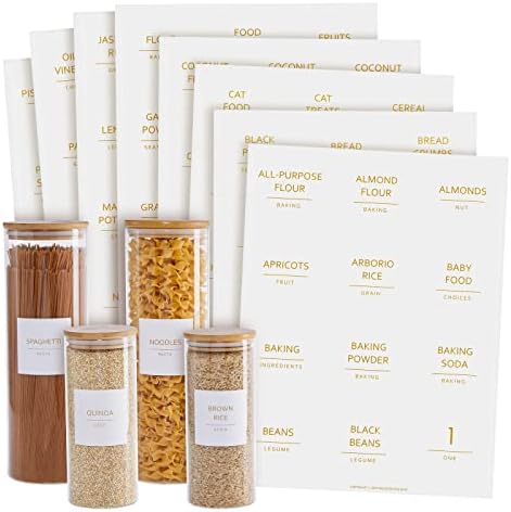  144 Pantry Labels For Containers, Food Storage, Preprinted Black All Caps Fine Line On Matte White Vinyl Stickers + Numbers For Minimalist Style Kitchen