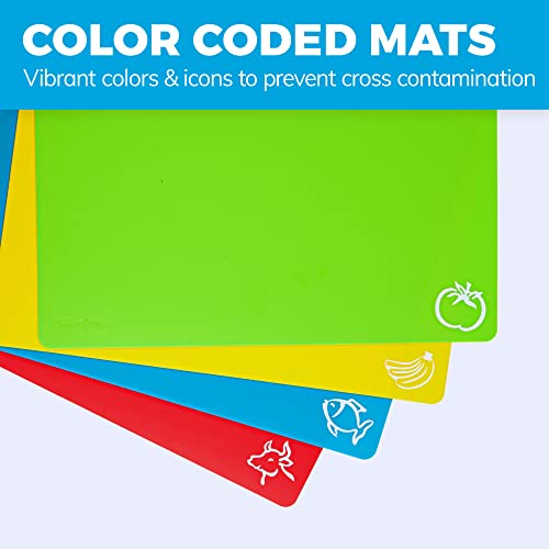  Extra Thick Flexible Plastic Cutting Board Mats With Food Icons & "EZ-Grip" Waffle Back, (Set Of 4) - Chopping Board Set - Textured Waffle Grip Bottom Prevents Slipping On Most Counter Tops