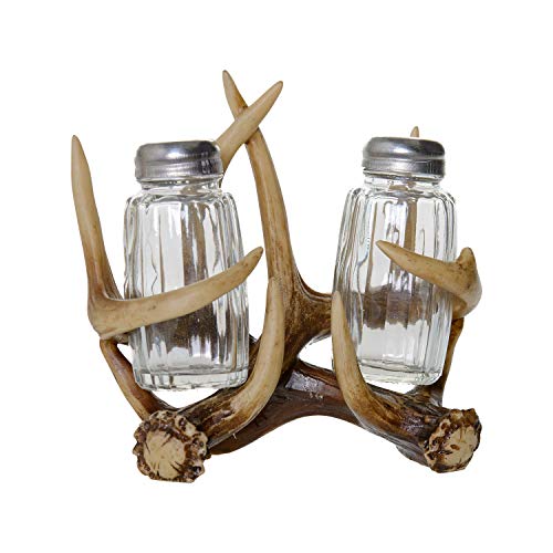  Glass Salt And Pepper Shakers - Deer Antler Salt And Pepper With Holder For Kitchen - Simple Salt And Pepper Shakers With Lids - Rustic Salt And Pepper Caddy Spices And Seasonings Set
