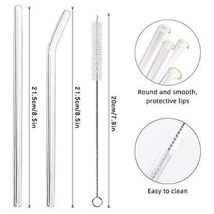  Reusable Drinking Straws Glass Clear 12-Pack, With 4 Cleaning Brush Size 8.5''x10 MM Set Of 6 Straight And 6 Bent - Perfect For Cocktail Glass, Smoothies, Tea, Juice, Milkshakes