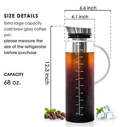  Cold Brew Coffee Iced Tea Maker & Fruit Pitcher - Large Capacity 68 Ounces - With Durable Glass Carafe/Fine Mesh Steel Infuser/Airtight Lid