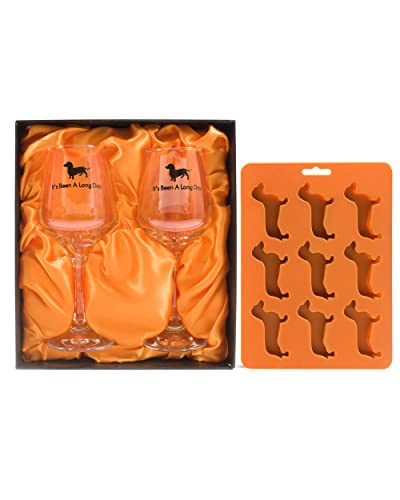  Dachshund Gifts Set With 2 Dachshund Wine Glasses And Weenie Dog Ice Cube Tray, Perfect For The Weiner Dog Lover - Gift Box (Black)