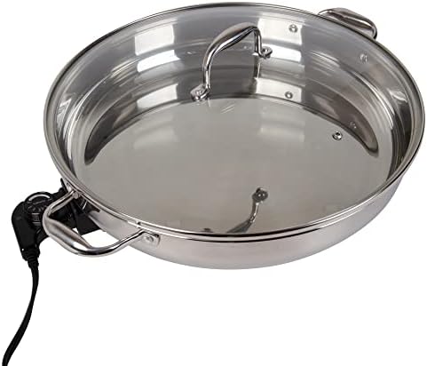  Electric Skillet By Cucina Pro - 18/10 Stainless Steel Frying Pan With Tempered Glass Lid And Handle, 16" Round With Adjustable Temperature Control Probe, Portable, Includes Recipe Guide, Great Gift