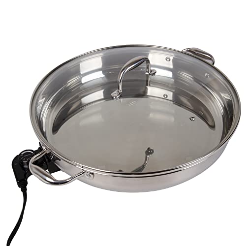  Electric Skillet By Cucina Pro - 18/10 Stainless Steel Frying Pan With Tempered Glass Lid And Handle, 16" Round With Adjustable Temperature Control Probe, Portable, Includes Recipe Guide, Great Gift