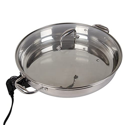  Electric Skillet By Cucina Pro - 18/10 Stainless Steel Frying Pan With Tempered Glass Lid And Handle, 16" Round With Adjustable Temperature Control Probe, Portable, Includes Recipe Guide, Great Gift