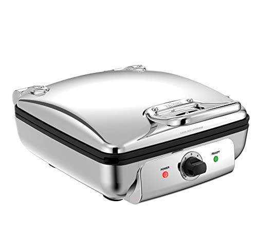  Electrics Stainless Steel Waffle Maker 4 Section Nonstick, Upright Storage 1600 Watts 6 Browning Levels, Square, Belgium Waffle, Removable Plates, Dishwasher Safe