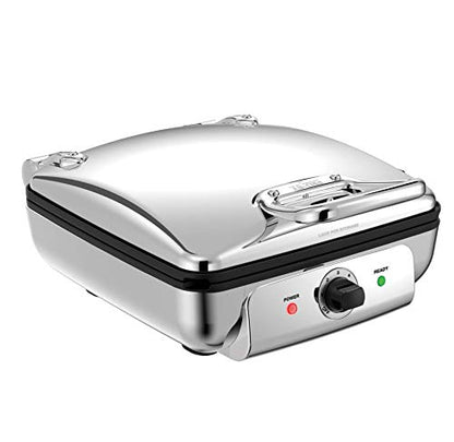  Electrics Stainless Steel Waffle Maker 4 Section Nonstick, Upright Storage 1600 Watts 6 Browning Levels, Square, Belgium Waffle, Removable Plates, Dishwasher Safe