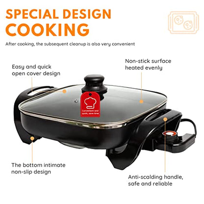  Onstick Electric Skillet 12 Inch Electric Fryer With 2 Layers Of Non-Stick Coating， Adjustable Temperature Control, Heat-Resistant Handle.