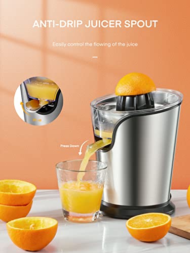  Orange Juice Squeezer Electric Citrus Juicer With Two Interchangeable Cones Suitable For Orange, Lemon And Grapefruit, Brushed Stainless Steel