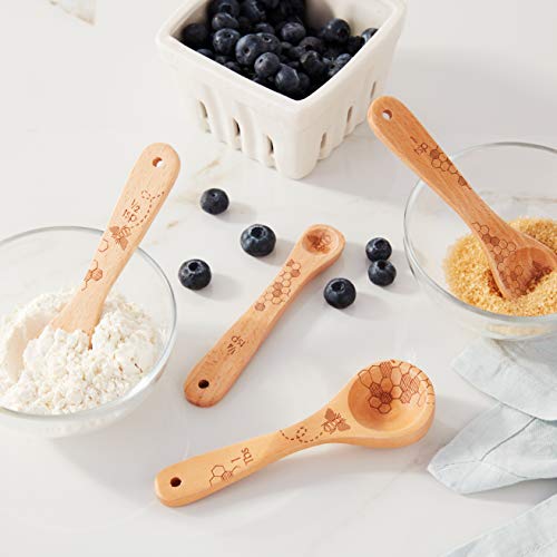  Laser Etched Beechwood Measuring Spoons | Set Of 4 | Honey Bee Design | Natural Wooden Measuring Spoons Set | Cute & Functional Kitchen Tools