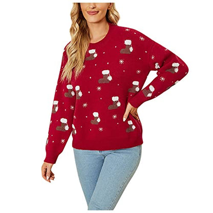  Womens Causal Loose Crewneck Cute Crew Neck Christmas Print Long Sleeve Loose Tops Sweatshirts Pullover Top Streetwear