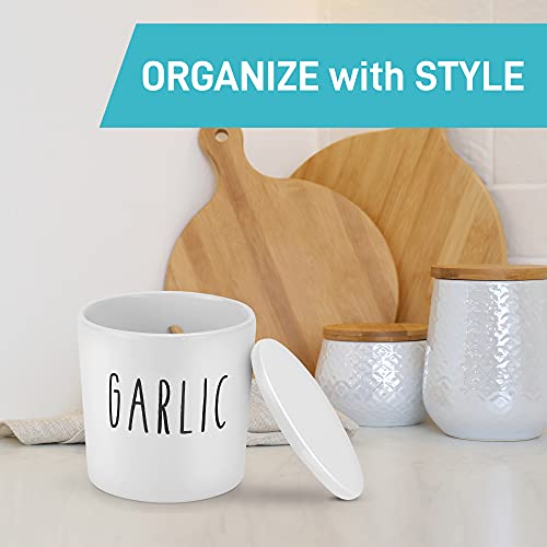  Large Garlic Keeper - Garlic Holder Storage - Round Ceramic Garlic Container Storage To Keep Your Garlic Cloves Fresh Longer - Classic White Vented Garlic Keeper For Counter - Garlic Saver For Kitchen