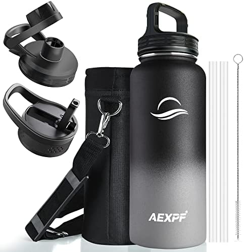  40 Oz Insulated Water Bottle, Stainless Steel Vacuum Sports Water Bottle With 3 Lids, Durable Leakproof Metal Thermos, BPA-free Water Flask Jug With Strap For Gym Camping, Indigo Black Gradient