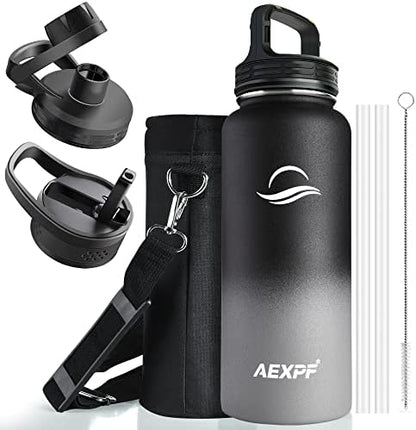  40 Oz Insulated Water Bottle, Stainless Steel Vacuum Sports Water Bottle With 3 Lids, Durable Leakproof Metal Thermos, BPA-free Water Flask Jug With Strap For Gym Camping, Indigo Black Gradient