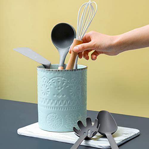 LIFVER Kitchen Utensil Holder, 7.2″ Large Cooking Utensil Holder For Kitchen Counter, Utensil Crock, Ceramic Kitchen Utensil Holder For Countertop, Farmhouse Kitchen Decor, Table - Protection Cork Mat