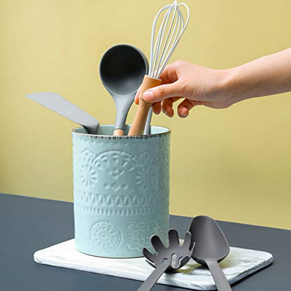  LIFVER Kitchen Utensil Holder, 7.2″ Large Cooking Utensil Holder For Kitchen Counter, Utensil Crock, Ceramic Kitchen Utensil Holder For Countertop, Farmhouse Kitchen Decor, Table - Protection Cork Mat