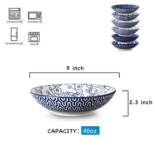  Porcelain 40oz Large Bowls 9 Inch Big Pasta Salad Bowls, Microwave And Oven Safe, Vintage Blue, Set Of 6