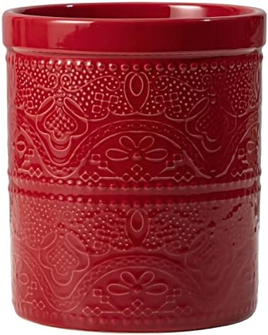  Kitchen Utensil Holder, 7.2" Super Large Utensil Crock Heavy And Stable Lace Emboss Ceramic Utensil Holder For Kitchen Counter (Bright White)