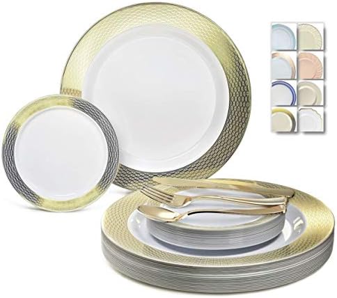  " OCCASIONS " 600 Pcs Set & 120 Guest Wedding Disposable Plastic Plate & Silverware Combo Set (Ivory & Gold Rim Plates, Gold Silverware)