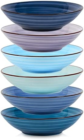  Porcelain 40oz Large Bowls 9 Inch Big Pasta Salad Bowls, Microwave And Oven Safe, Vintage Blue, Set Of 6